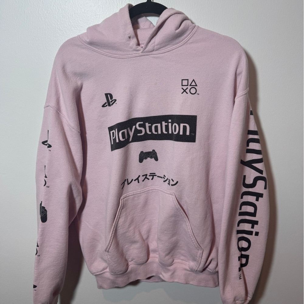 PlayStation Hoodie Mens Medium Pink Preowned Graphic Pullover Logo